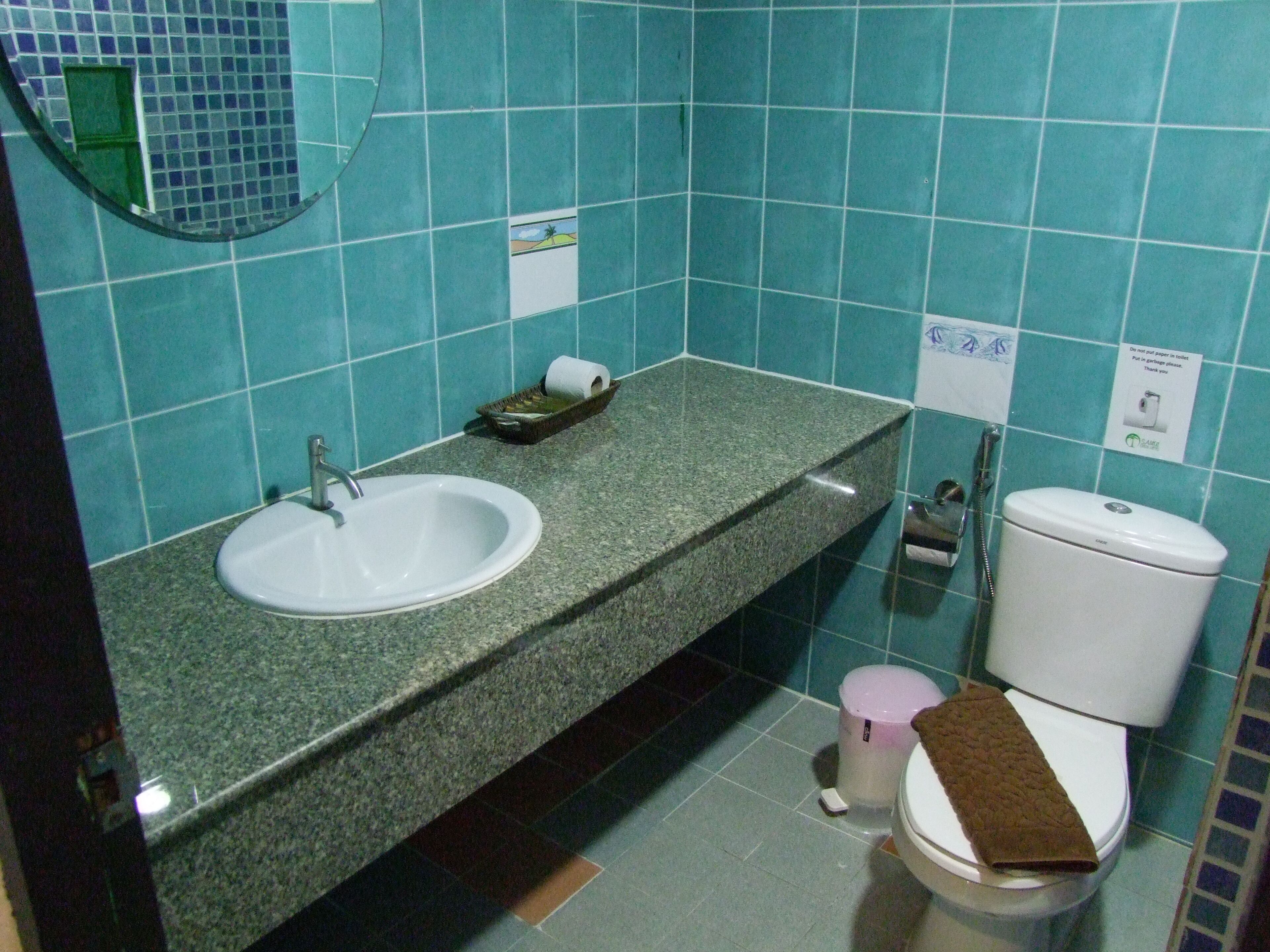 A bathroom with a granite countertop sink, a toilet, and a trash can.