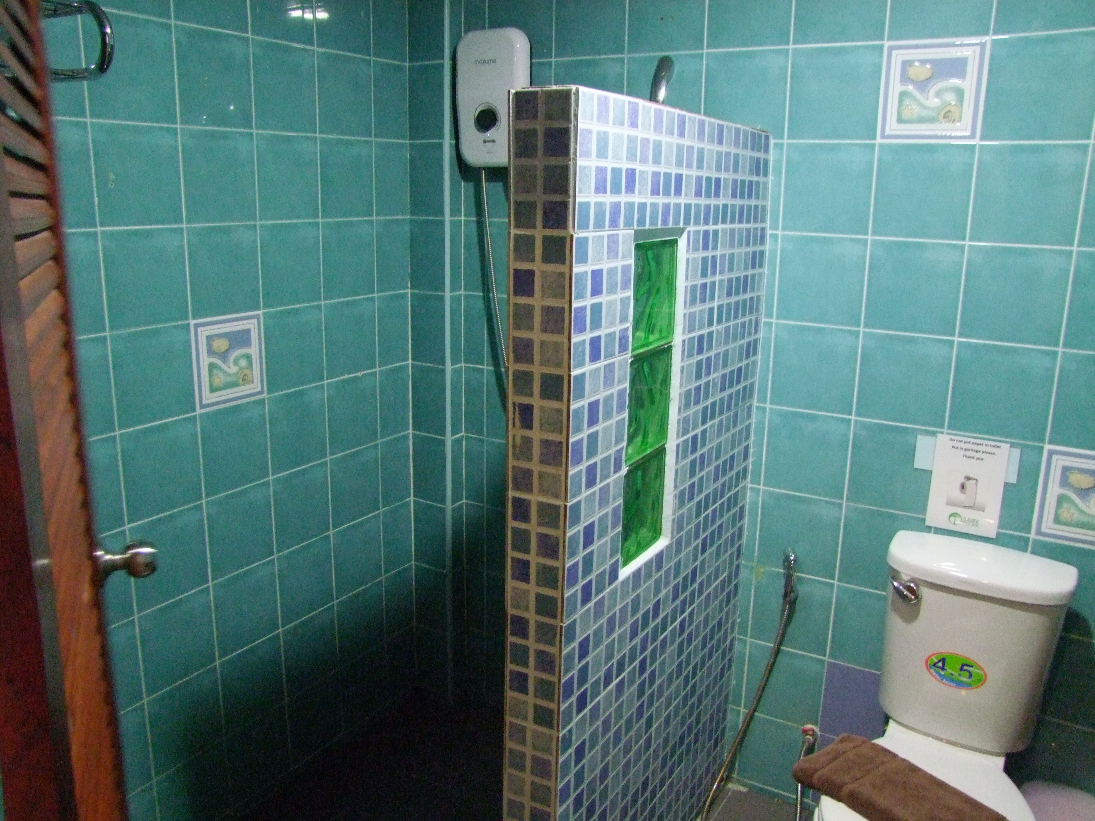A bathroom with blue tiles, a shower enclosure, a toilet, and a hand dryer.