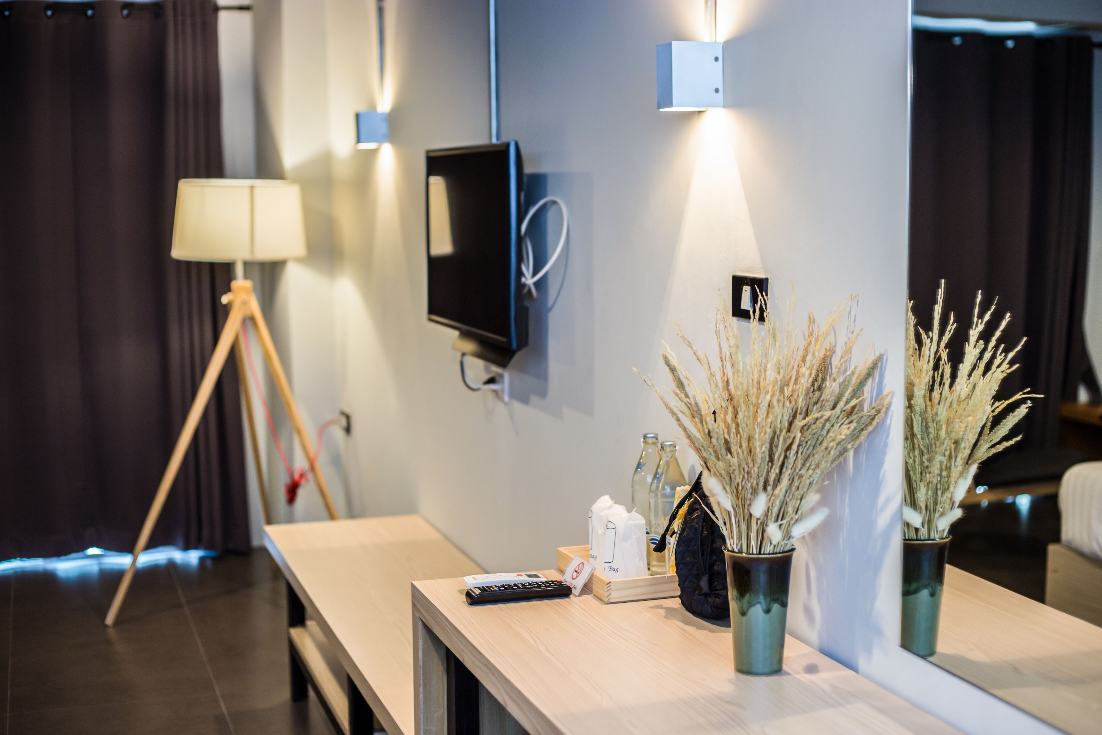 desk, laptop workspace, blackout curtains, iron/ironing board