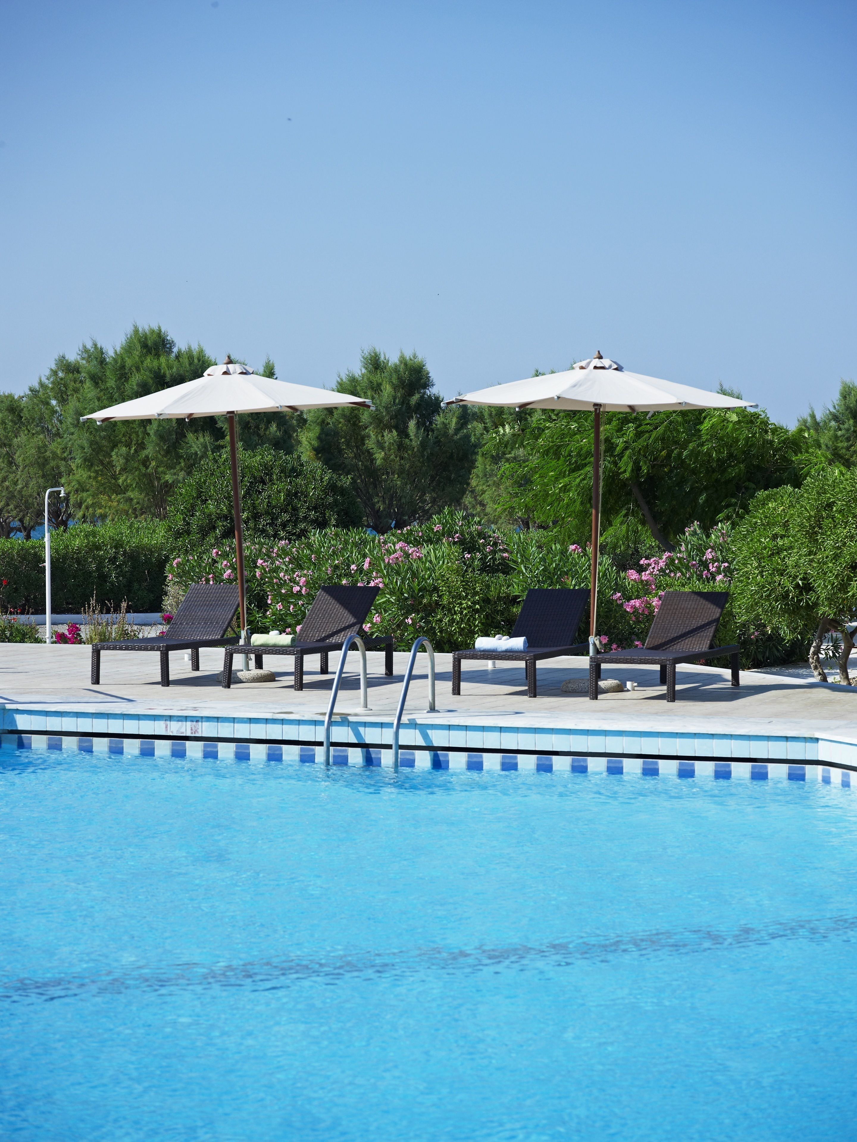 outdoor pool, pool umbrellas, pool loungers