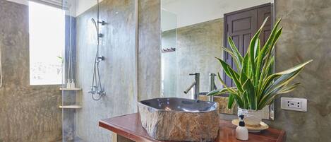 A bathroom with a stone sink, a glass shower enclosure, and a potted plant.