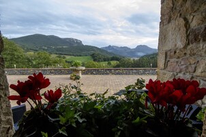 Una terraza con muro de piedra, flores rojas en macetas y vistas a colinas y montañas verdes.