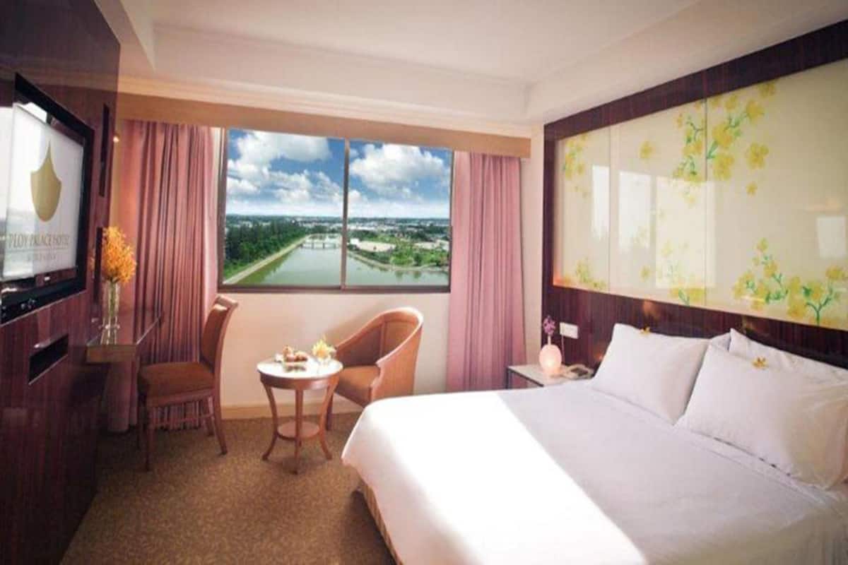 A hotel room with a large bed, a desk with a chair, a TV, and a window with a view of a river and greenery.