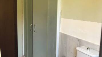 A bathroom with a glass-enclosed shower, a toilet, and a bidet.