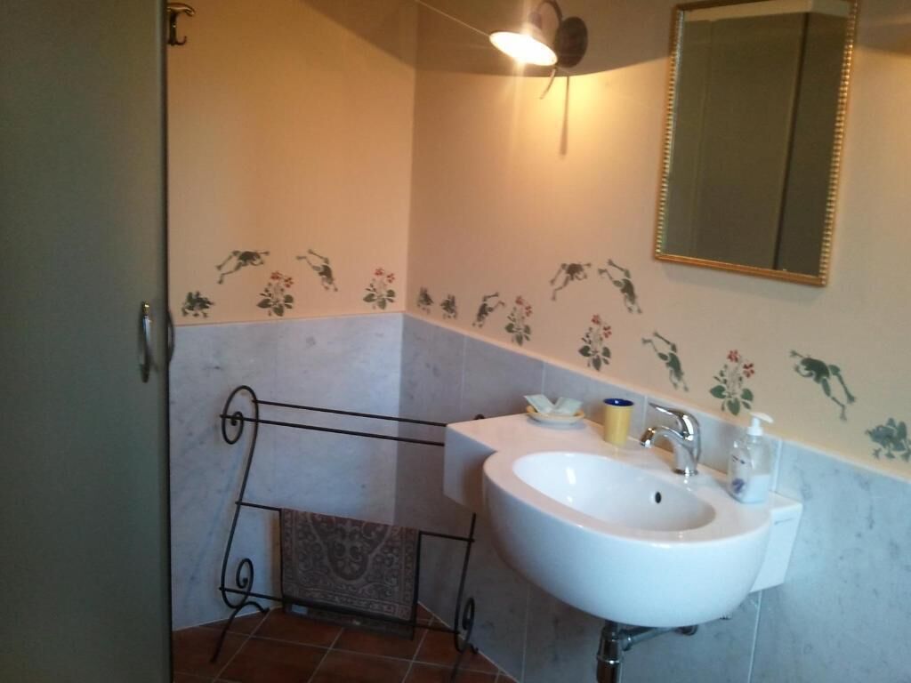 A bathroom with a white sink, a mirror, and floral wall tiles.