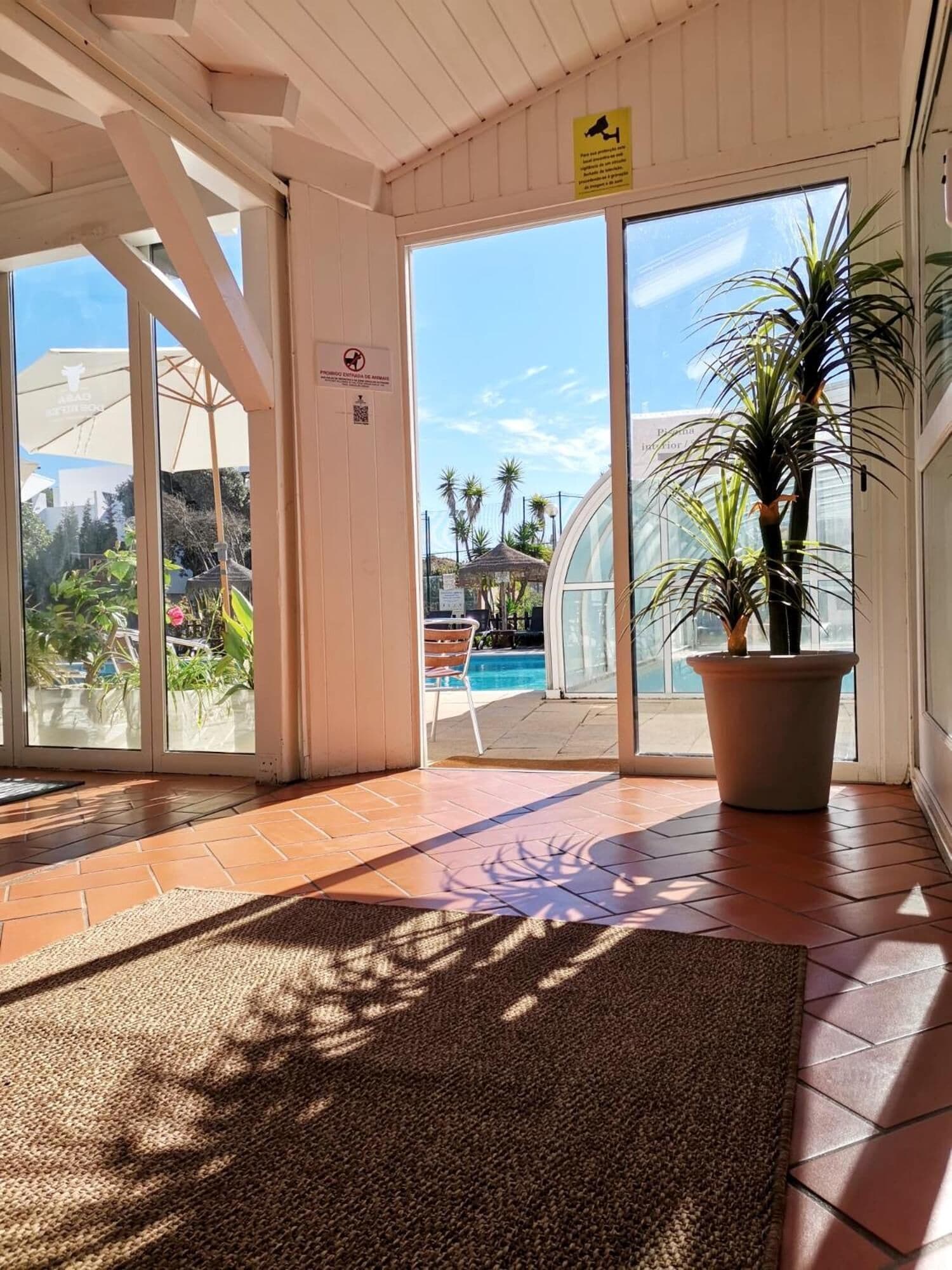 A sunlit room with a view of a pool and palm trees outside.