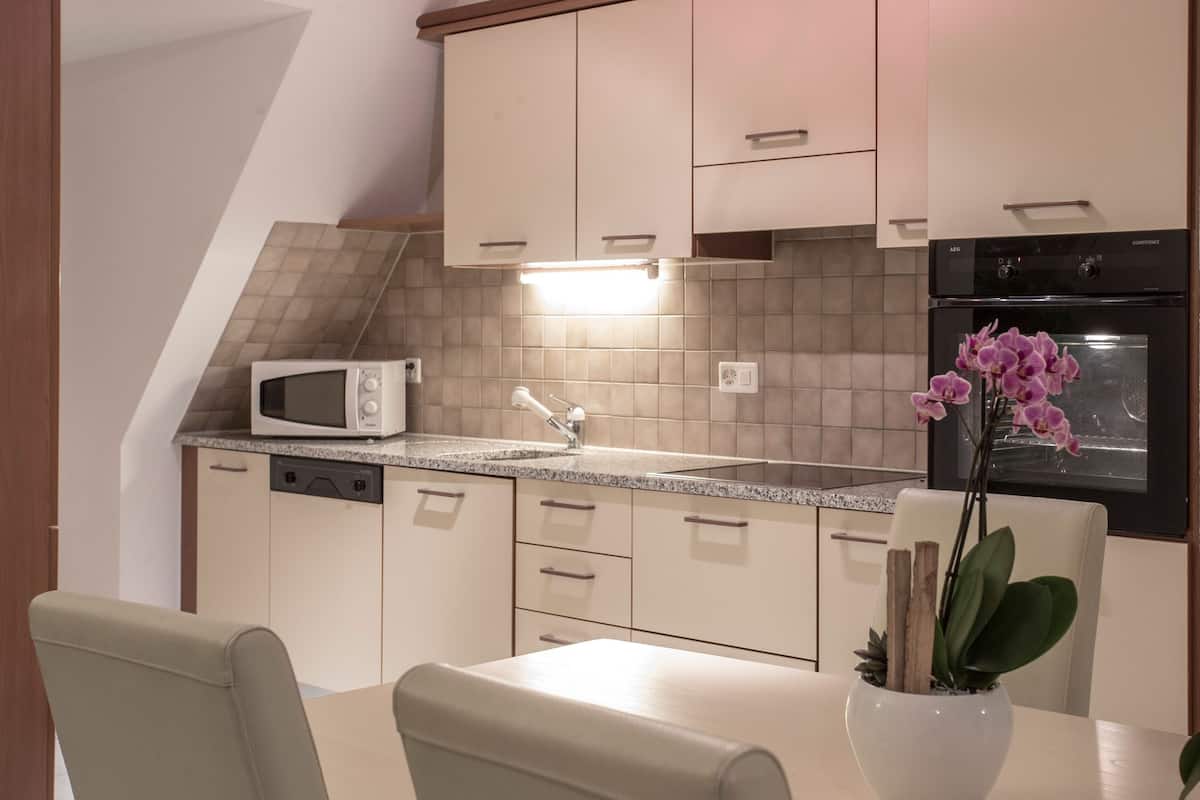 deluxe double room | private kitchen | fridge, paper towels