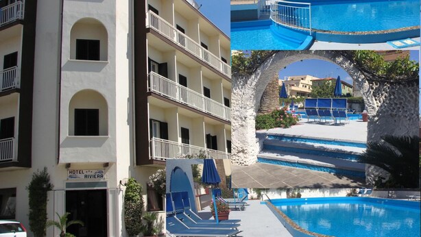 Un hotel con varios balcones, una piscina y un cartel que indica que es el Hotel Riviera.