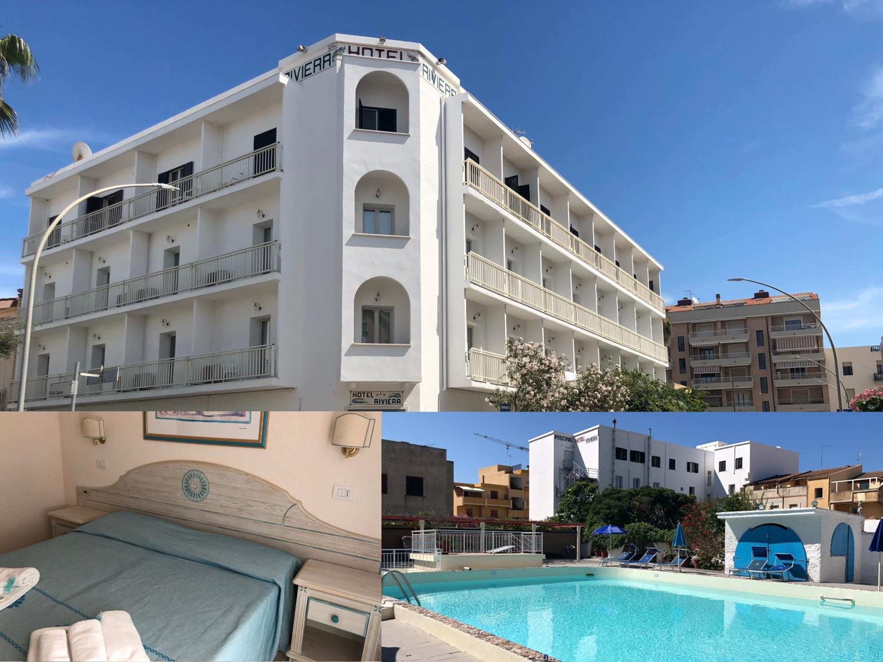 Um edifício de hotel com várias andares, varandas e área de piscina.