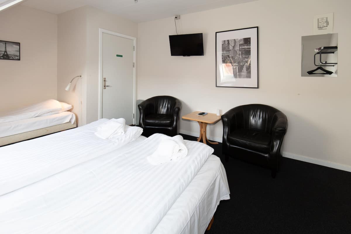 Habitación de hotel con cama, dos sillas, una mesita pequeña, televisor y un cuadro en la pared.