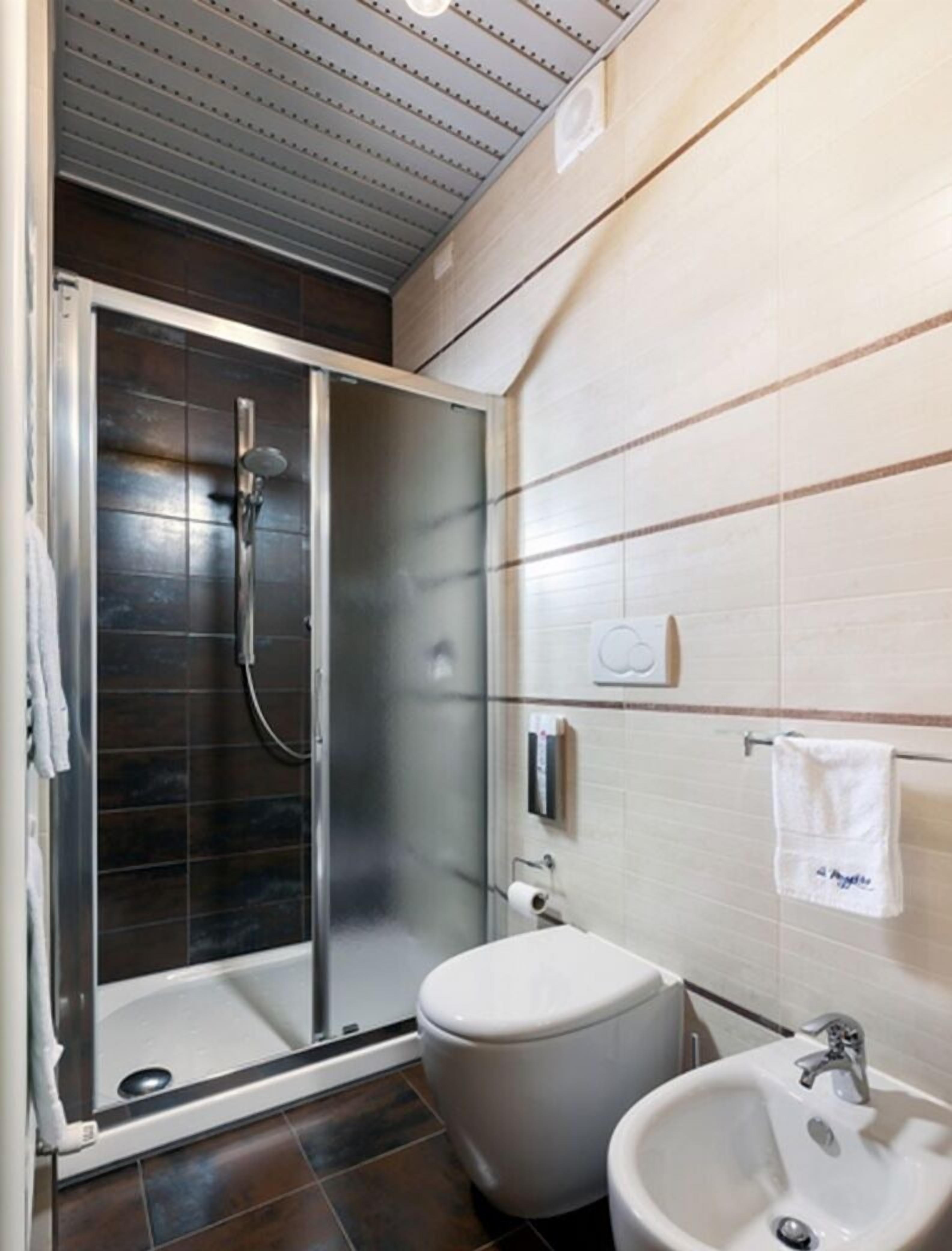 A modern bathroom with a glass shower enclosure, a toilet, and a sink.