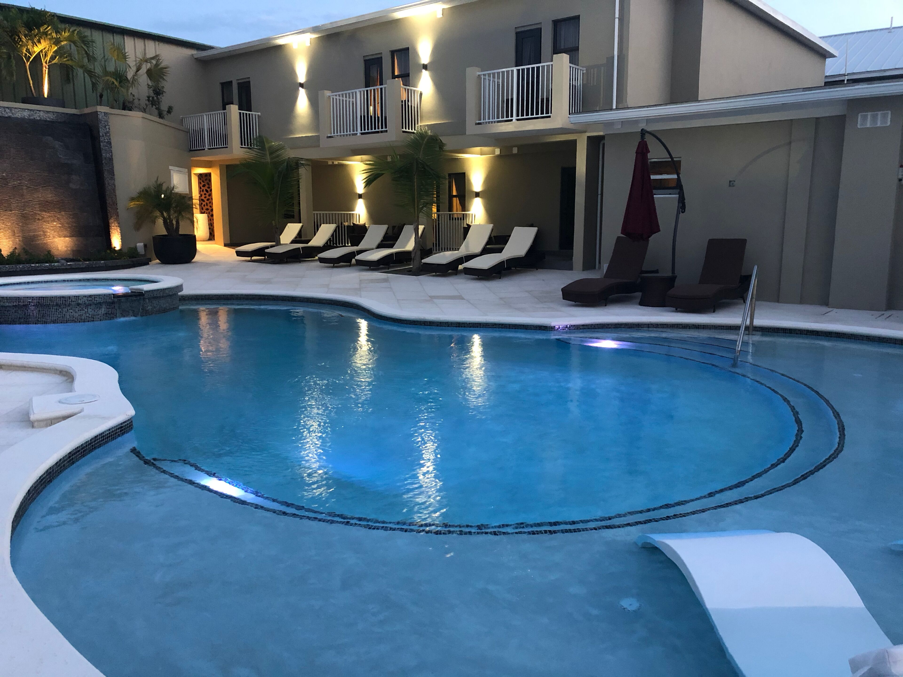 2 outdoor pools, open 9:00 am to 9:00 pm, pool umbrellas, pool loungers