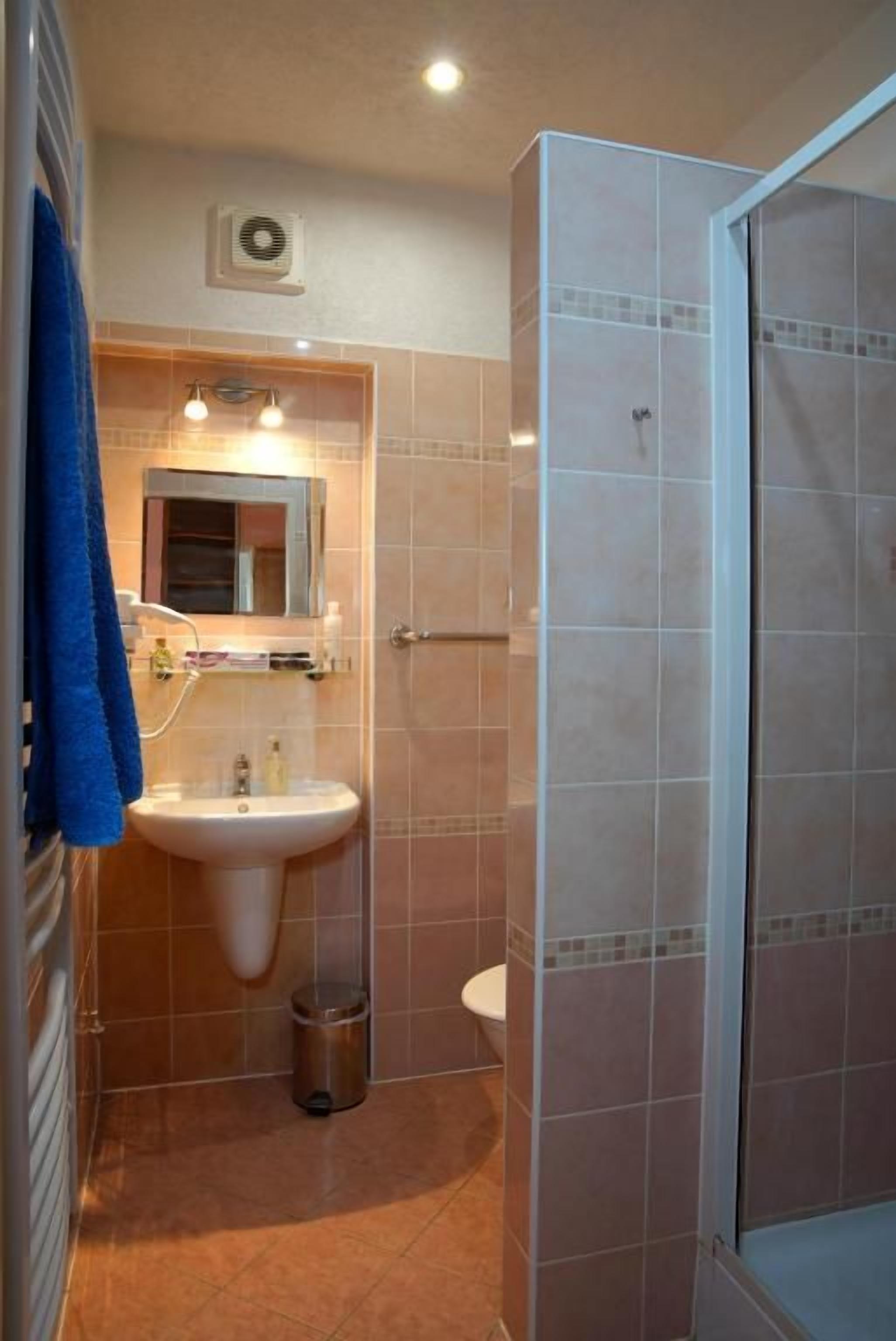 A bathroom with a sink, mirror, and shower area.