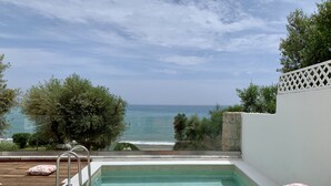 A rooftop pool with a clear view of the sea, surrounded by greenery and a white fence.