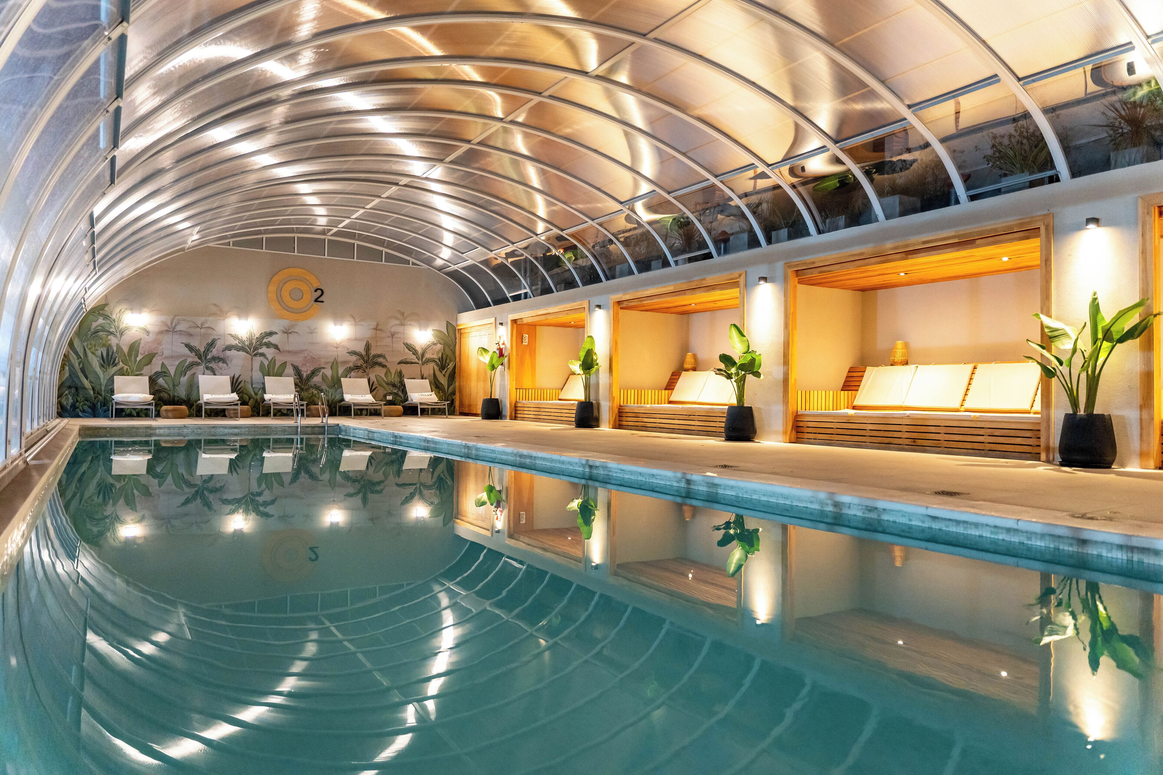 indoor pool, open 10:00 am to 9:00 pm, pool loungers