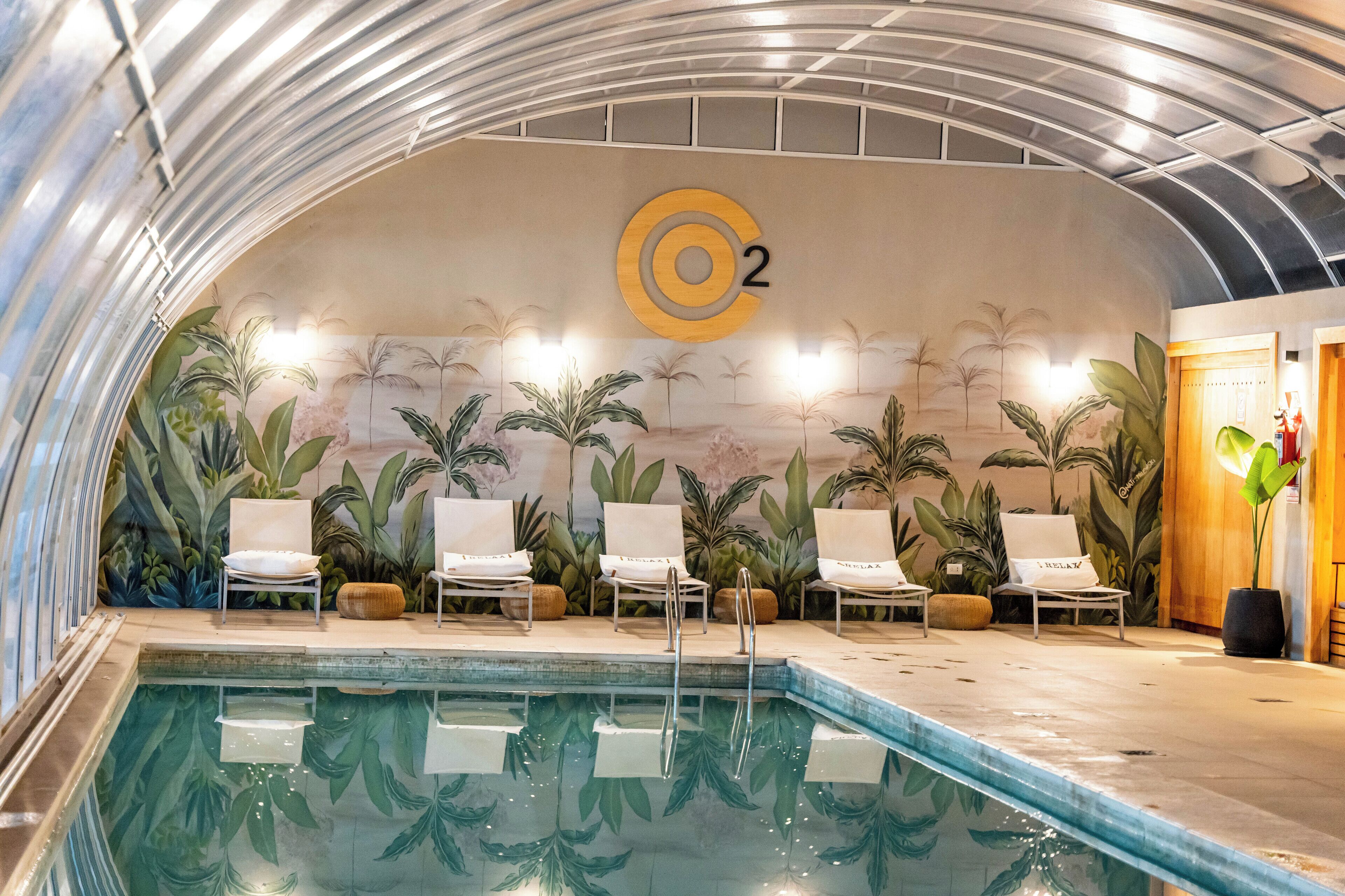 indoor pool, open 10:00 am to 9:00 pm, pool loungers