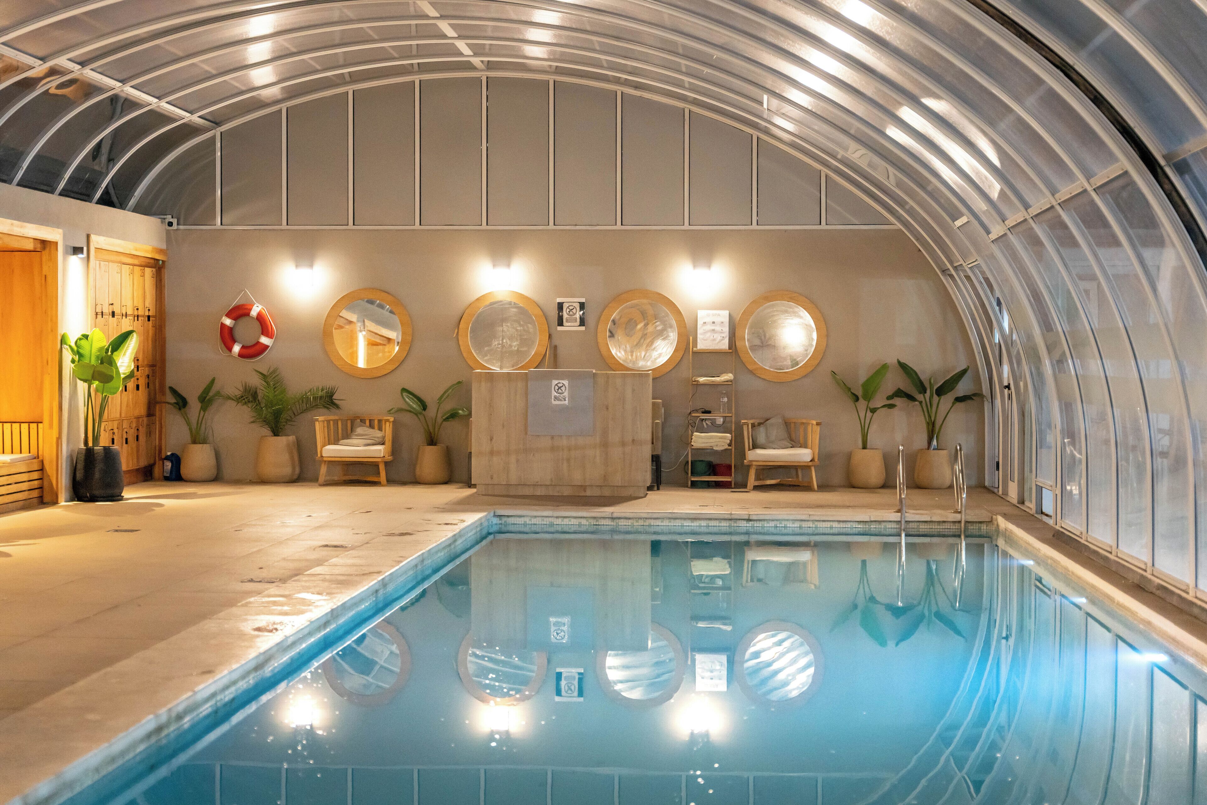 Piscina interna com teto curvo, assentos de madeira e plantas em vasos.