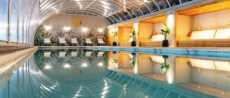 Indoor pool, open 10:00 AM to 8:00 PM, sun loungers