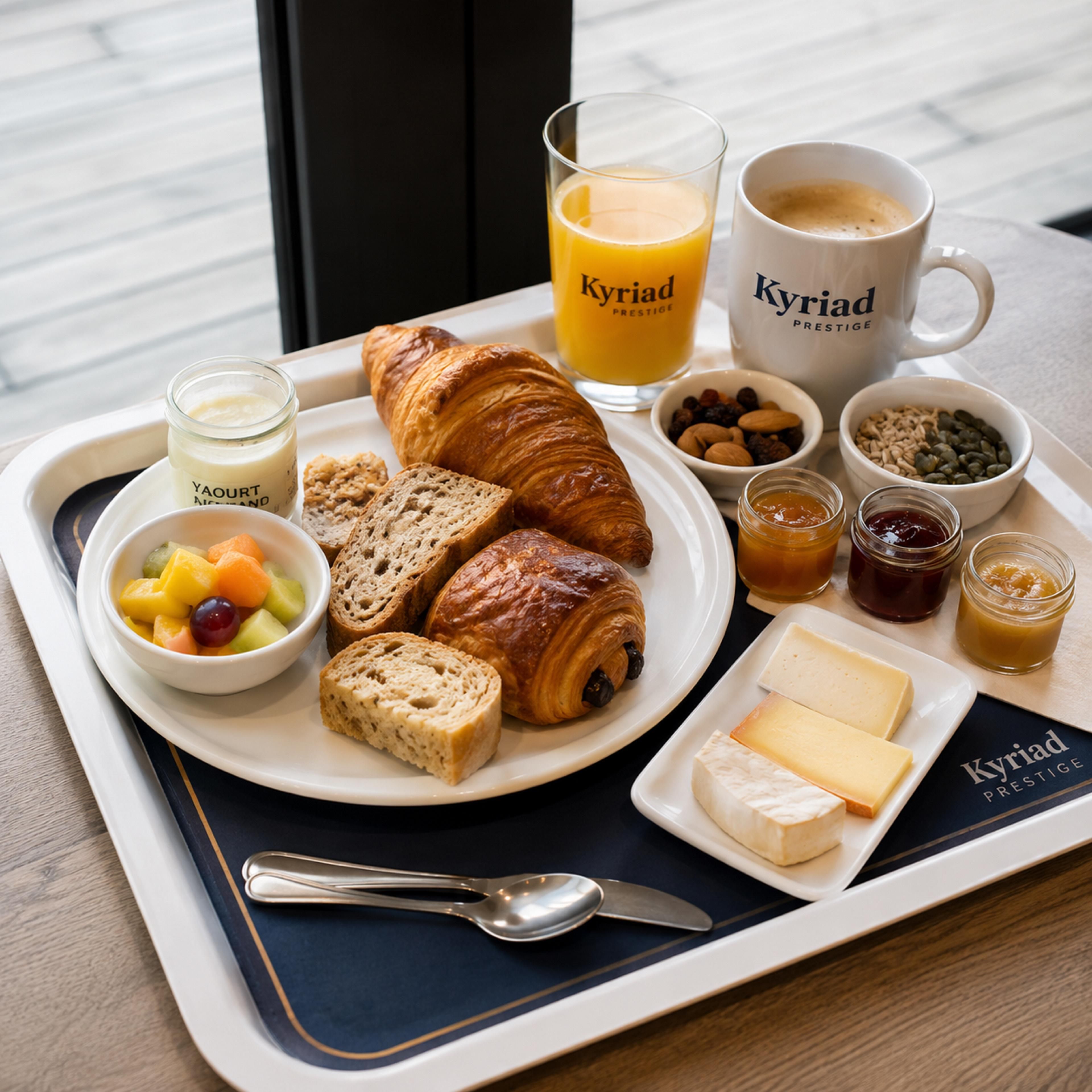 Bandeja de café da manhã com croissants, pão, queijo, frutas e bebidas.