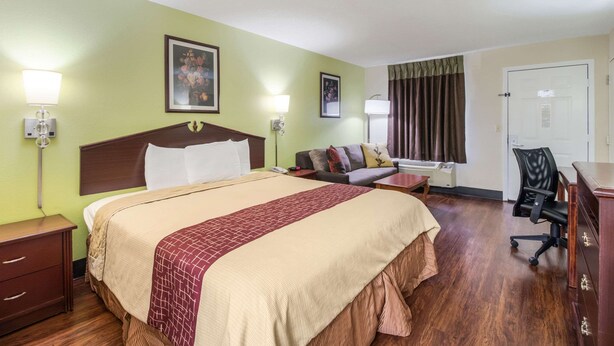 Una habitación de hotel con una cama grande, un sofá, un escritorio y una silla.