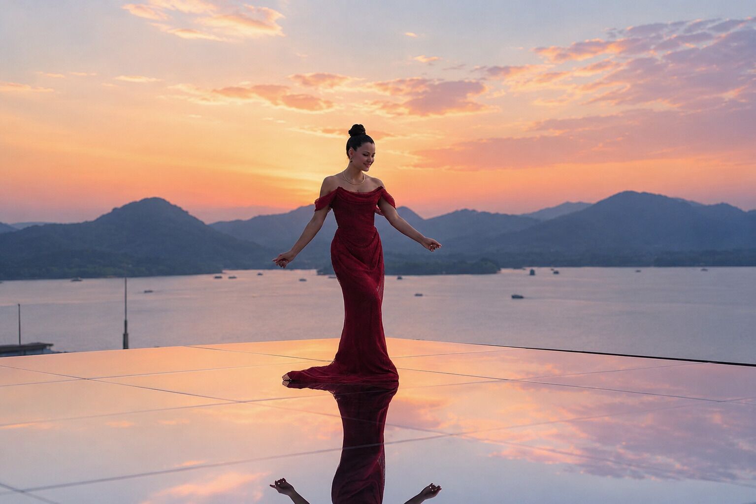 Une personne vêtue d’une robe rouge, debout sur une surface réfléchissante, avec un coucher de soleil et des montagnes en arrière-plan.