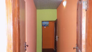 A narrow hallway with wooden doors on either side, leading to a room with a green wall and a painting. - Posh Apartments Self Catering (Lagos)