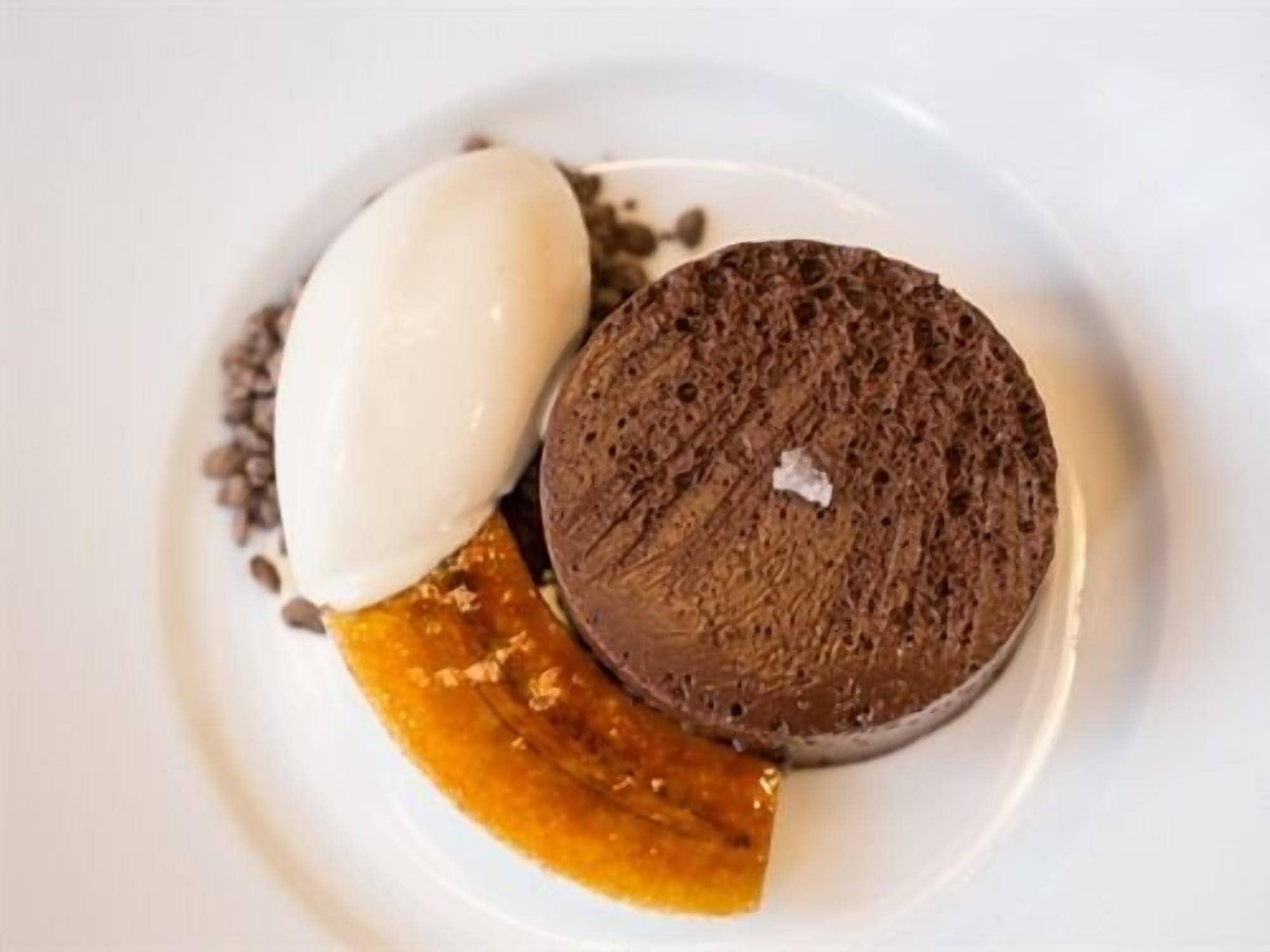 A dessert plate with a chocolate cake, a scoop of ice cream, and a piece of fruit.