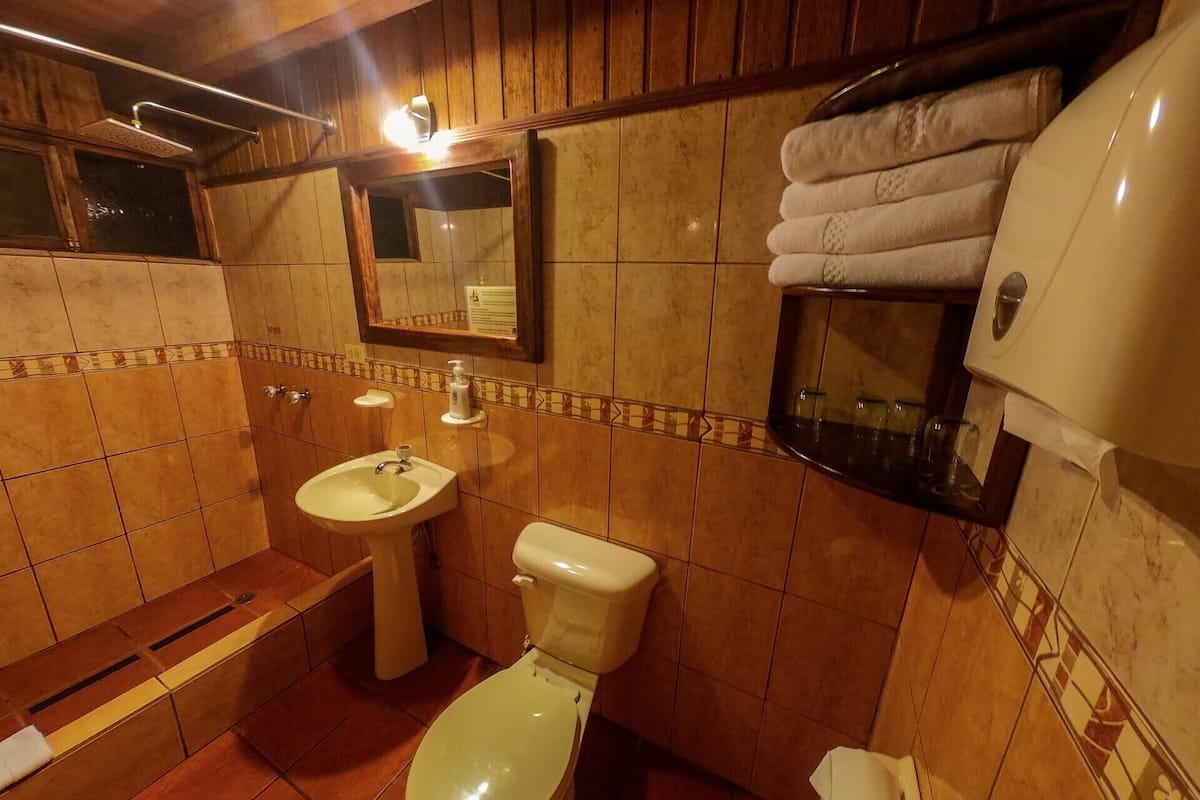 Shower, free toiletries, hair dryer, towels