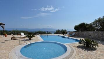 Outdoor pool, pool umbrellas, sun loungers