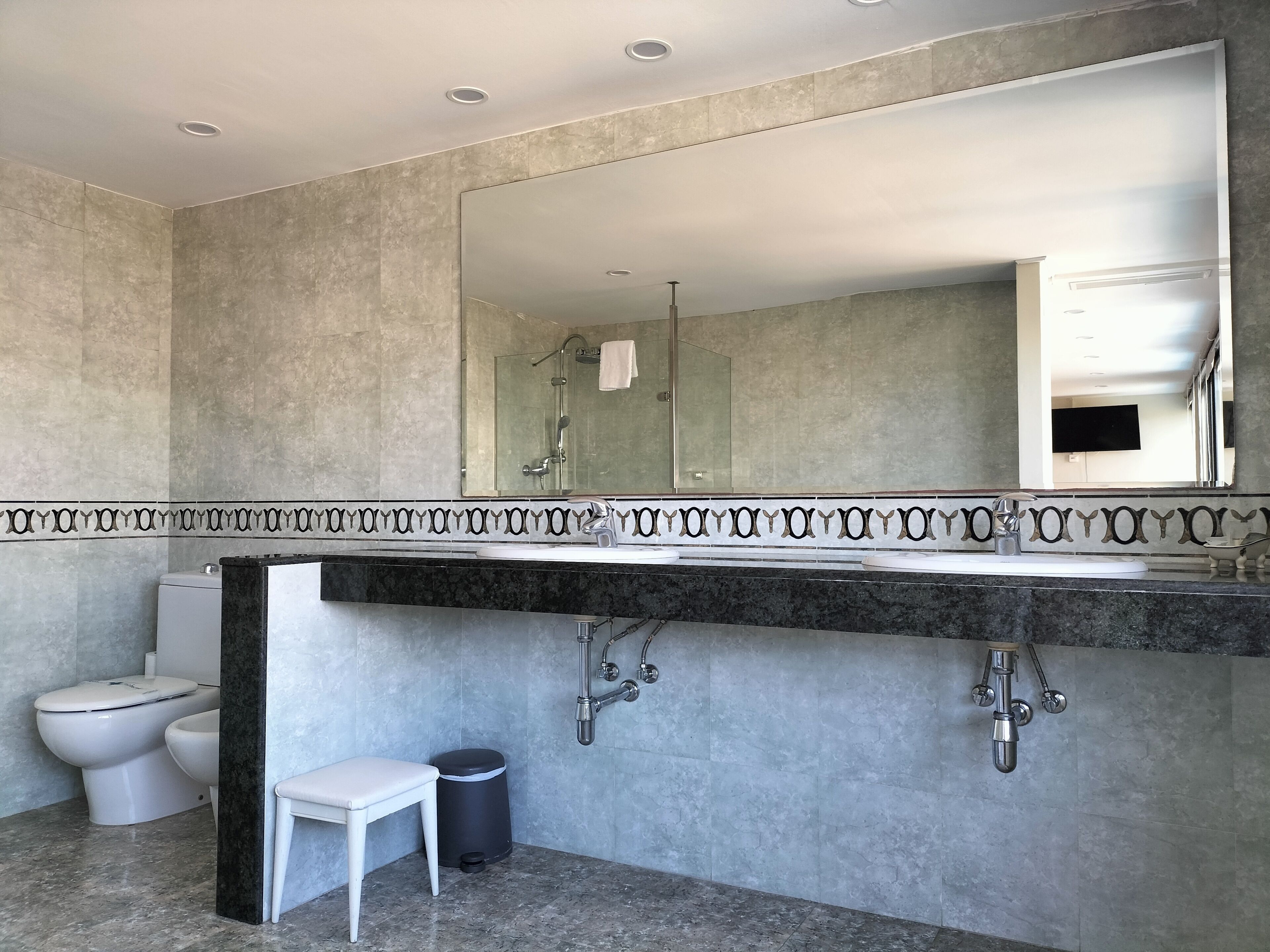 Een moderne badkamer met een grote spiegel, een toilet, een wastafel en een douche.
