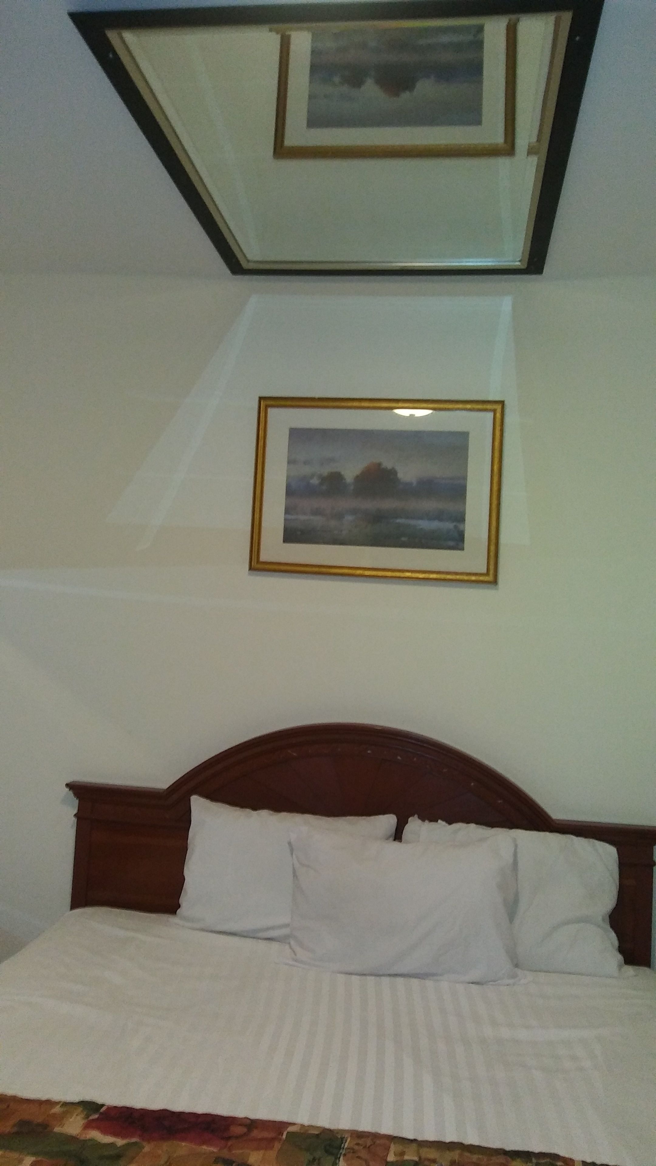 A bedroom with a bed, a framed picture on the wall, and a skylight above.