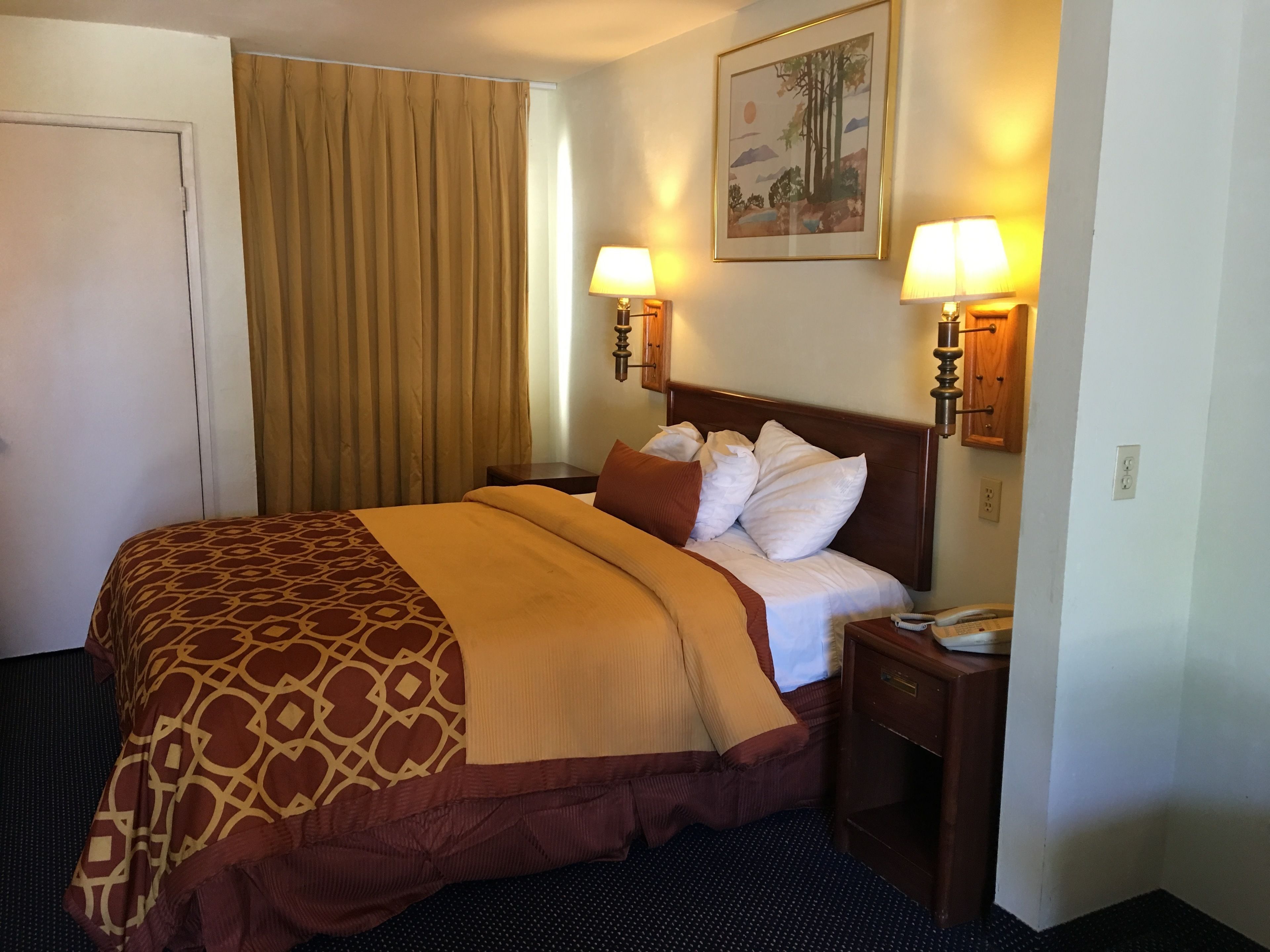 A hotel room with a large bed, two bedside lamps, a painting on the wall, and a door.