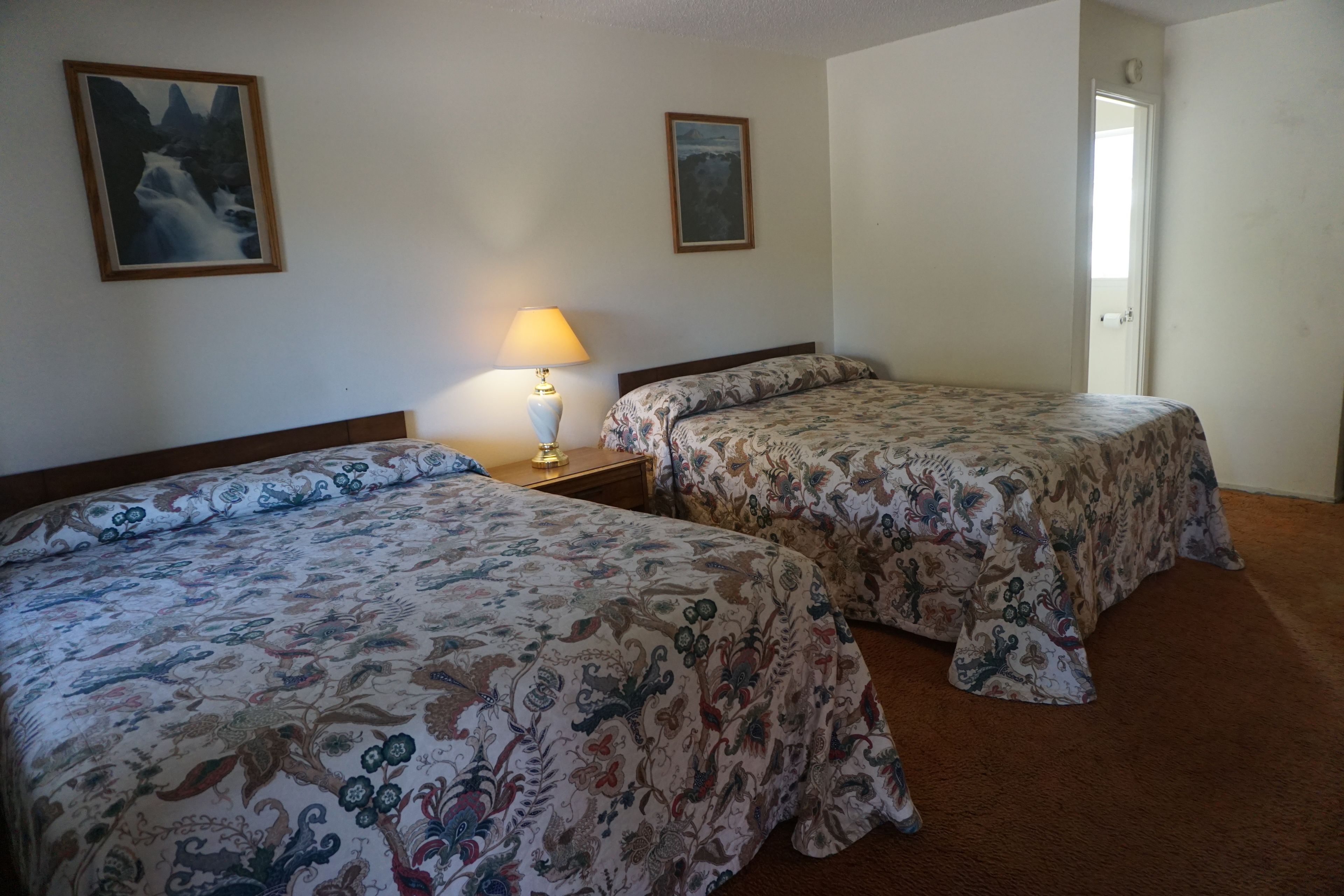 A hotel room with two beds, a nightstand with a lamp, and two framed pictures on the wall.