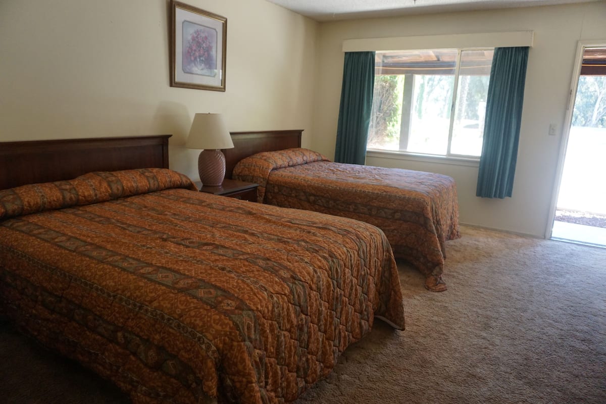 A hotel room with two single beds, a nightstand, a lamp, a framed picture on the wall, and a window with curtains.