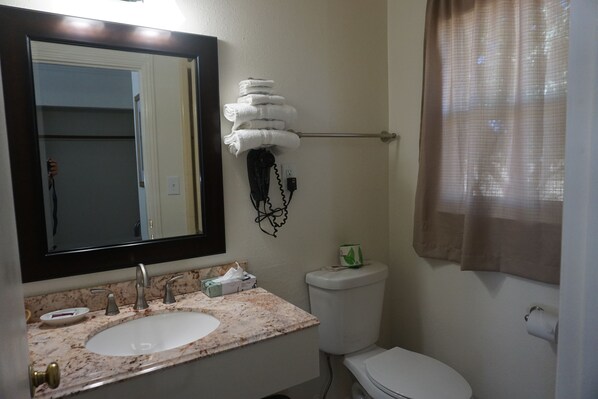 A bathroom with a sink, mirror, toilet, and towel rack. - Blue Gum Motel (Willows)