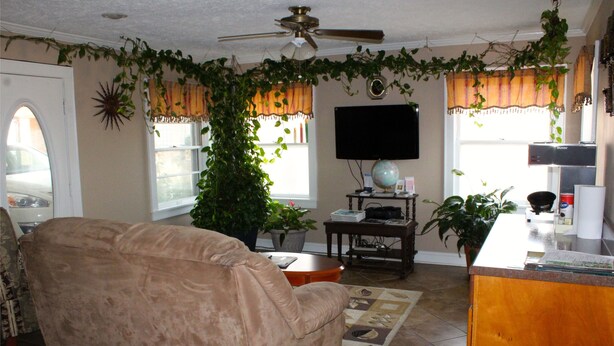 A living room with a beige sofa, a ceiling fan, a television, and various plants. - Savannah Motel (Savannah)