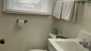 A bathroom with a toilet, a bathtub, and a window with blinds.