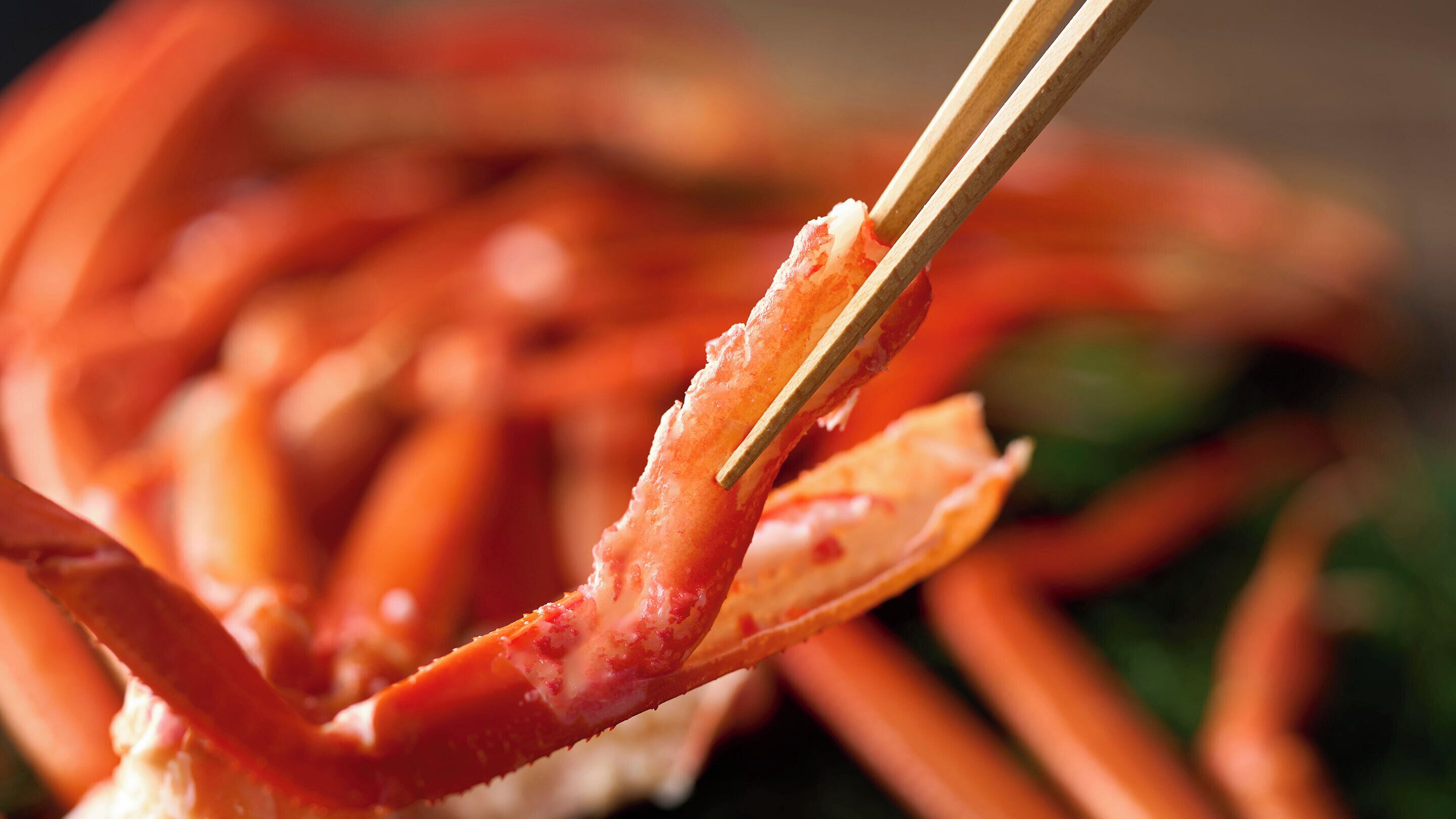 A close-up of a shrimp held by chopsticks.