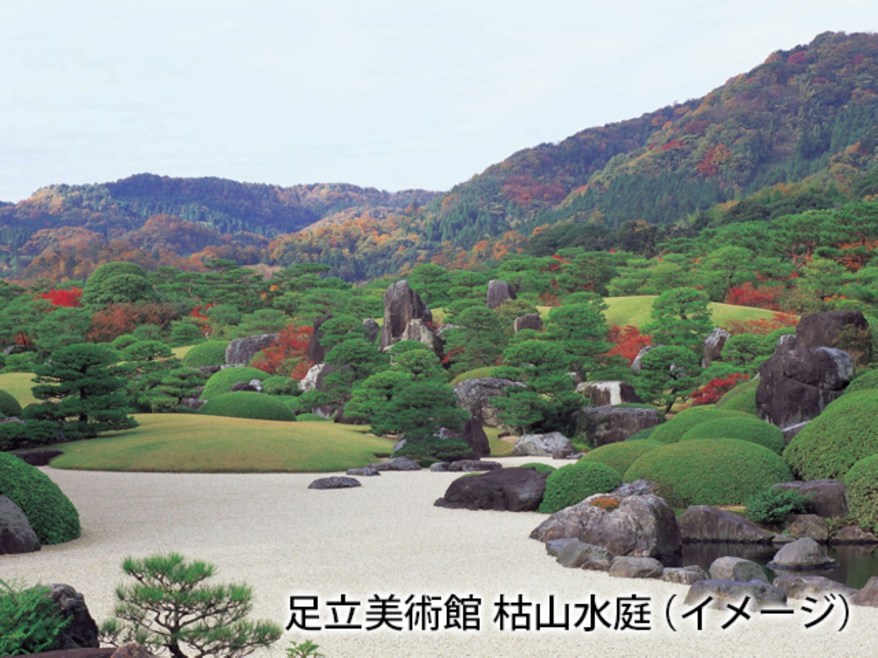 Ein traditioneller japanischer Garten mit Teich, Steinen und Bäumen.