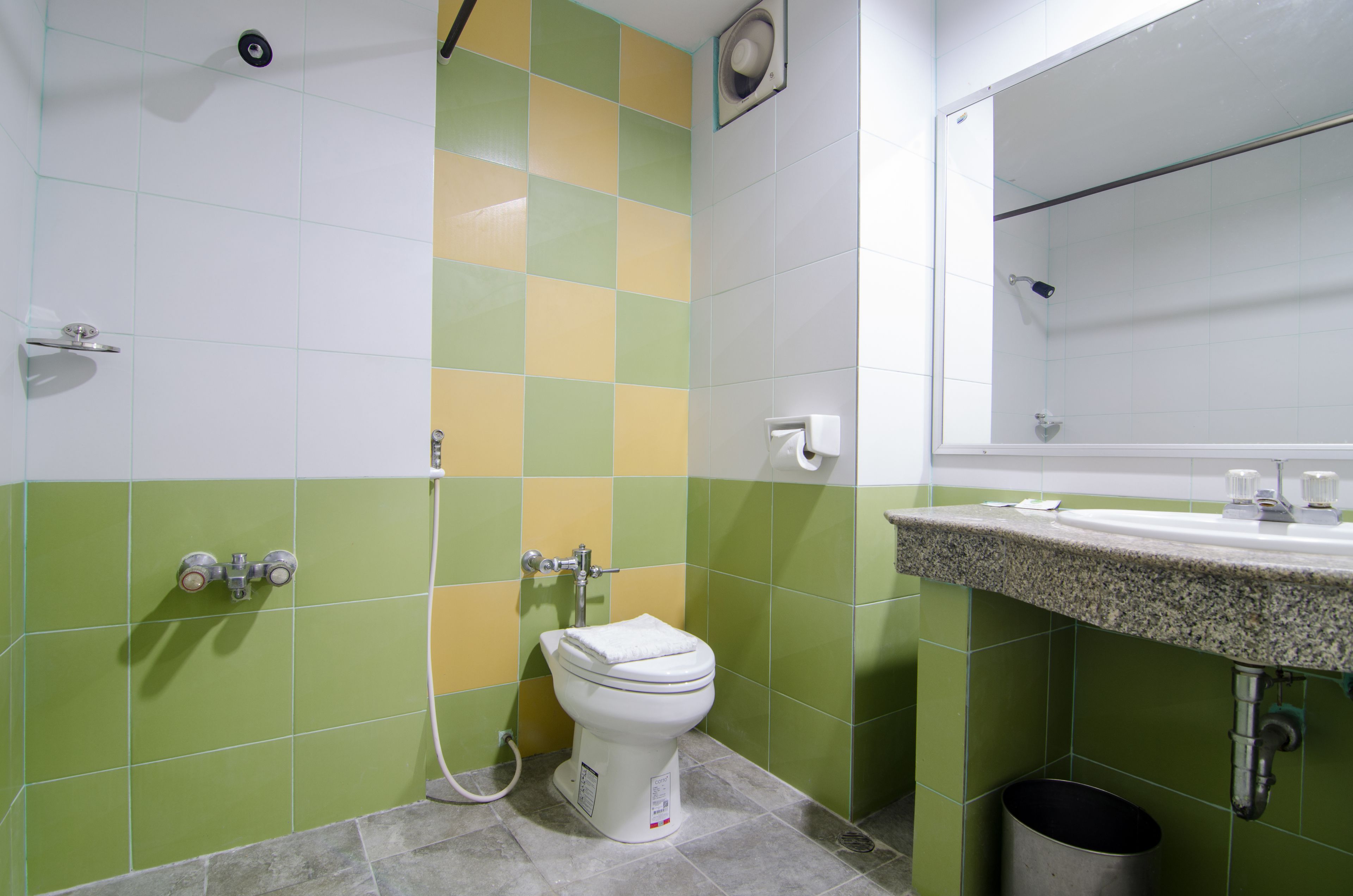 Een badkamer met toilet, wastafel en douche.