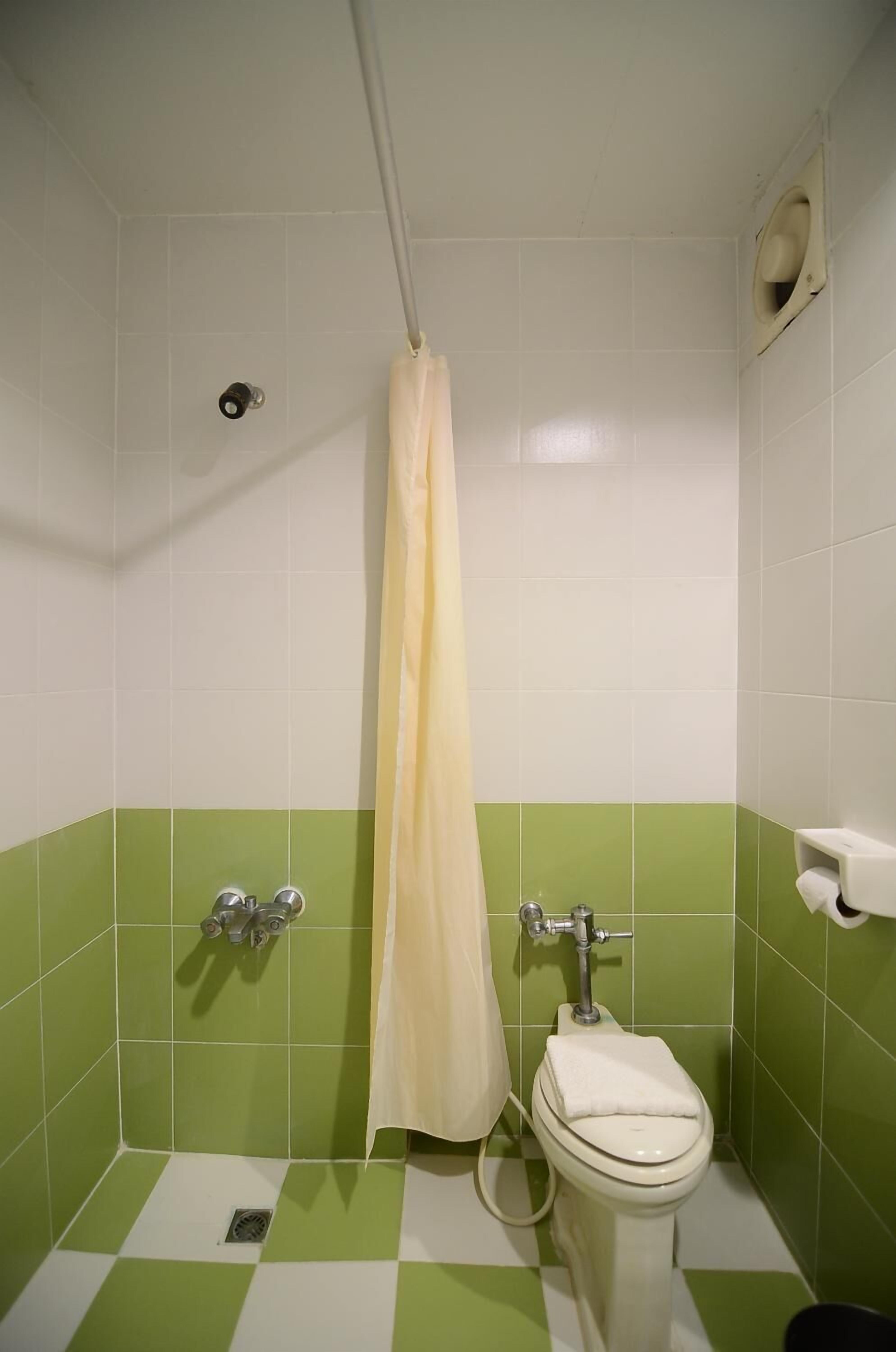 Un baño con inodoro, cortina de ducha y bidé.