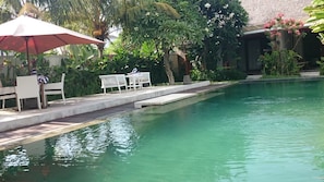 Una piscina con cubierta blanca, rodeada de abundante vegetación y una palmera. Se observan sillas de descanso blancas y un paraguas rojo.
