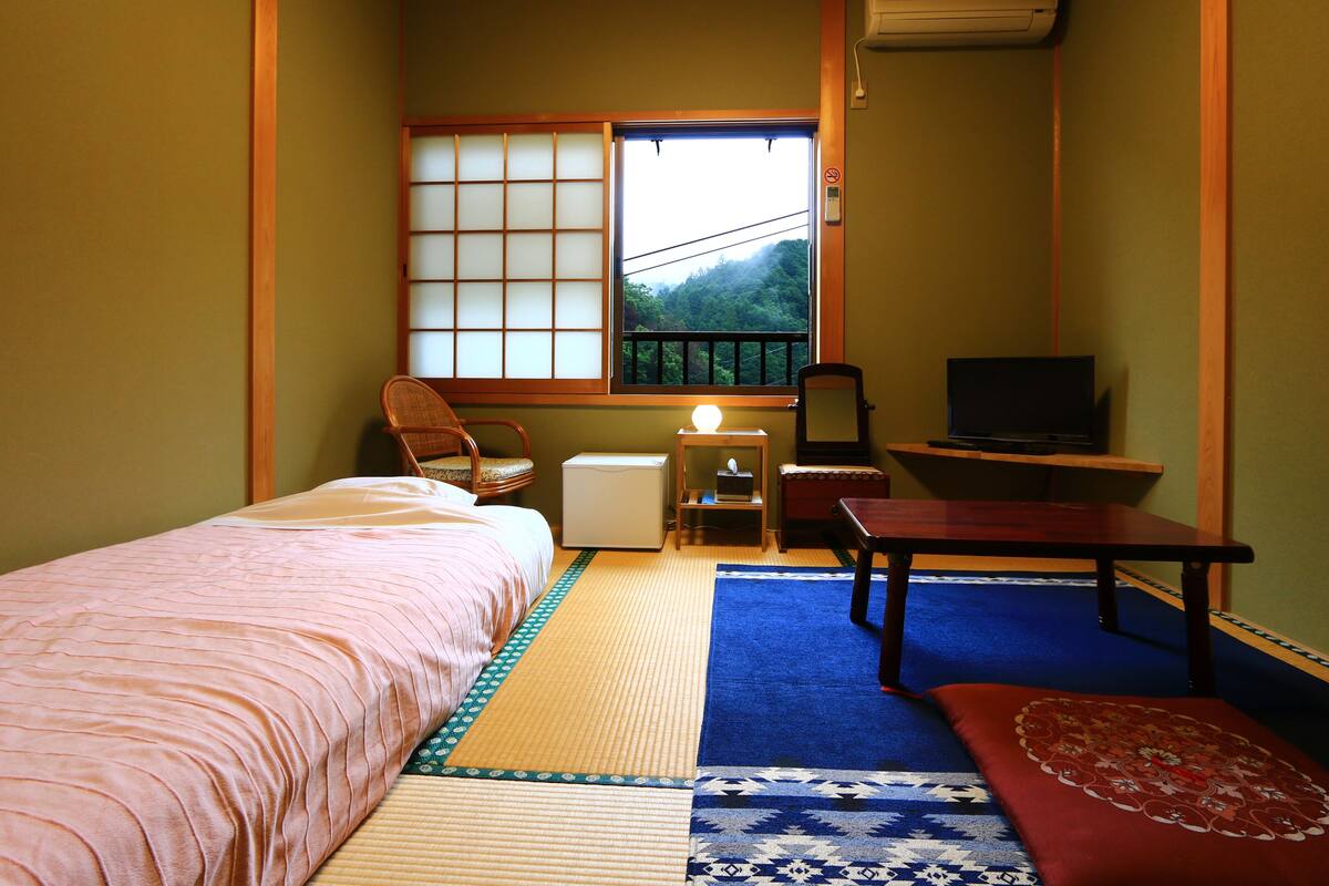 Una habitación con cama, una silla, una mesita, televisión y ventana con vistas a zonas verdes.