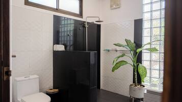 A modern bathroom with a toilet, a shower enclosure, and a potted plant.
