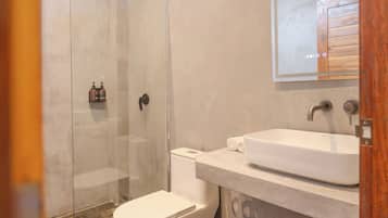 Un baño moderno con ducha de vidrio, inodoro y lavabo con espejo.