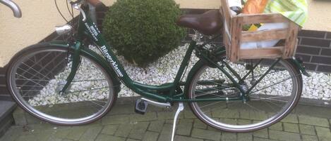 Una bicicleta verde con una cesta y una caja de madera sujeta en la parte trasera, estacionada sobre una superficie pavimentada.