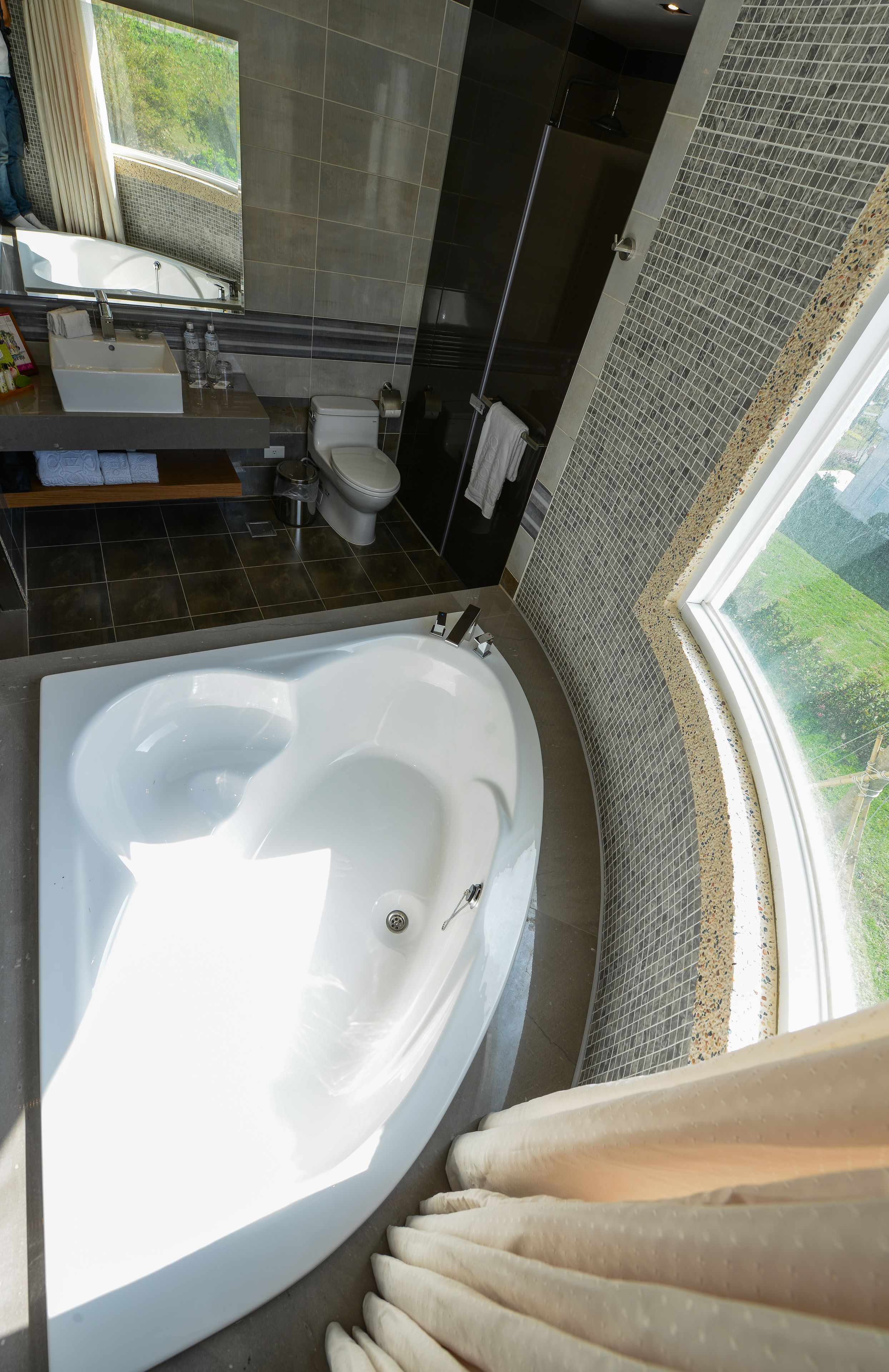 A modern bathroom with a large bathtub, a toilet, and a shower area.