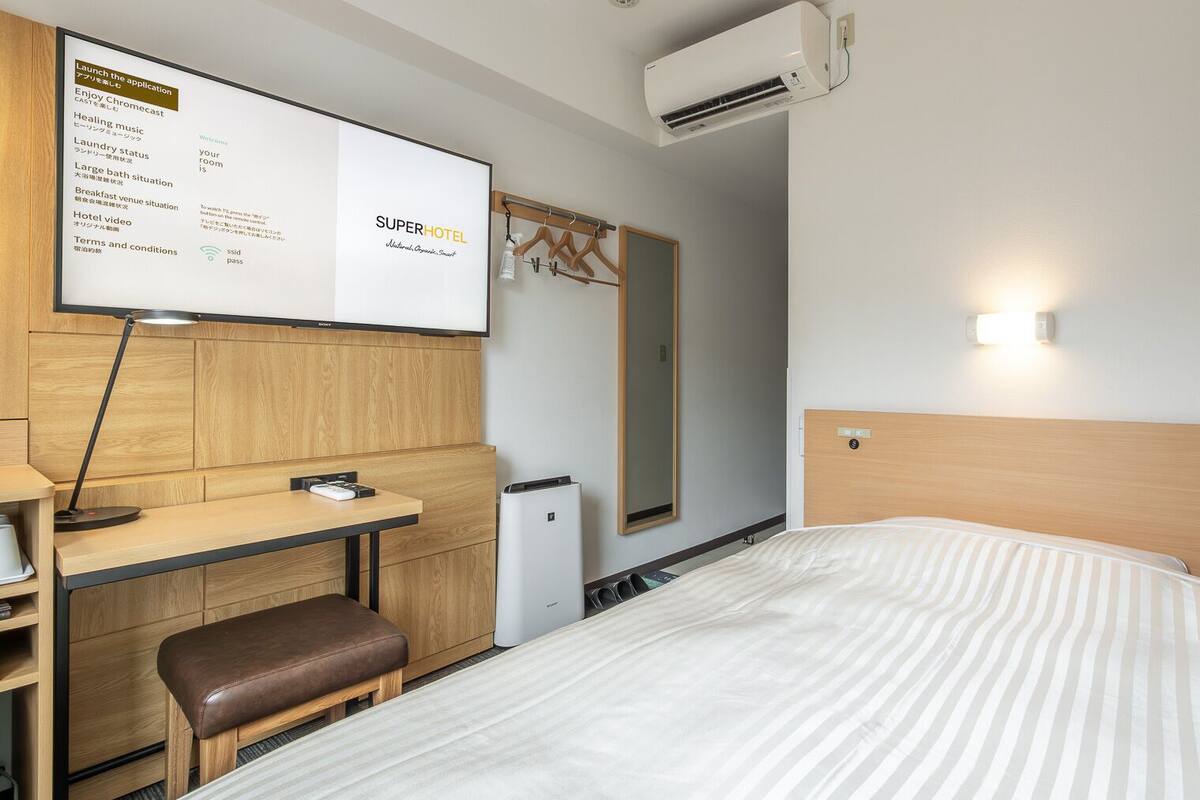 Ein Hotelzimmer mit Bett, Schreibtisch, Stuhl und einem an der Wand befestigten Fernseher, der eine Speisekarte zeigt.