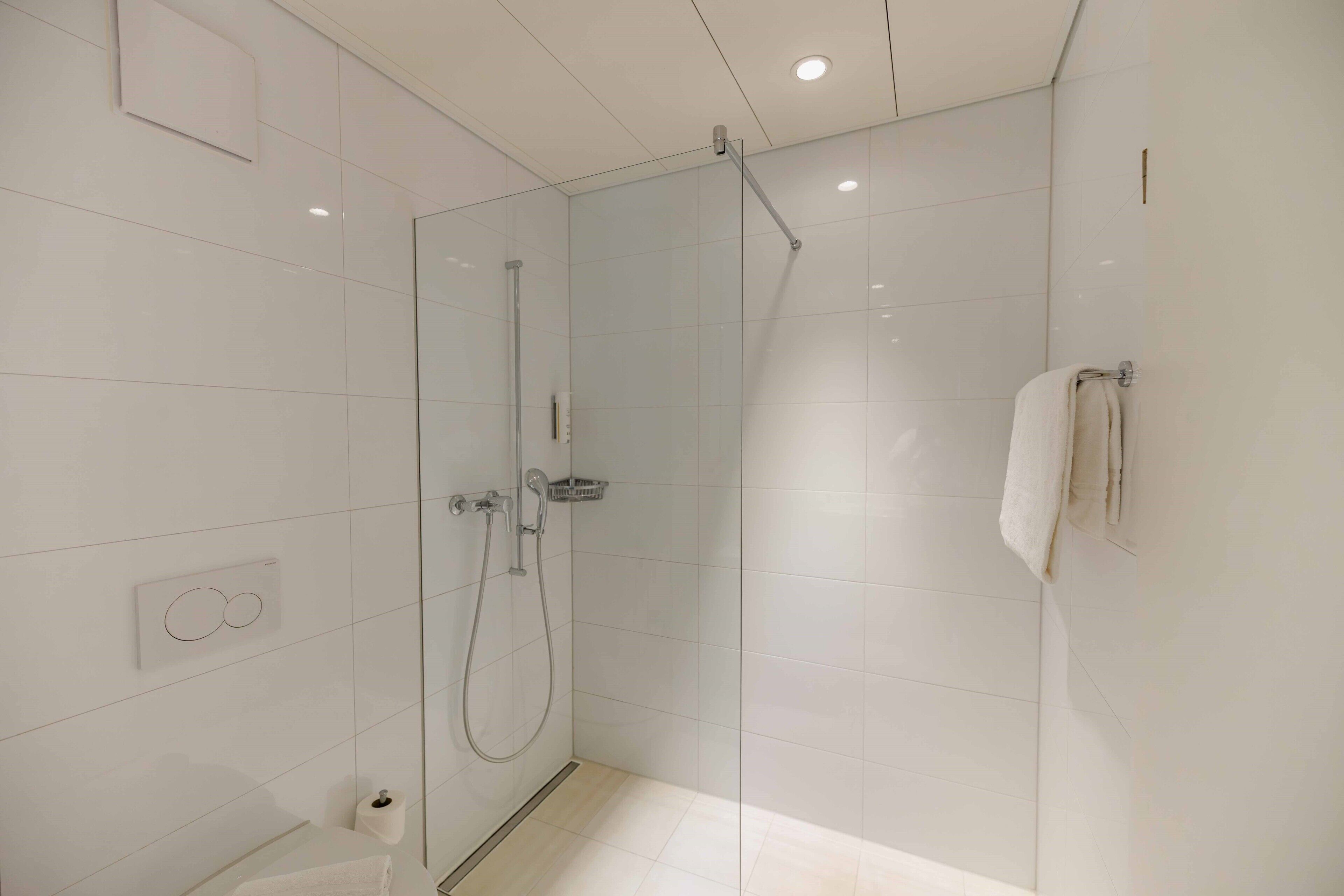 A modern bathroom with a glass shower enclosure, a toilet, and a towel rack.
