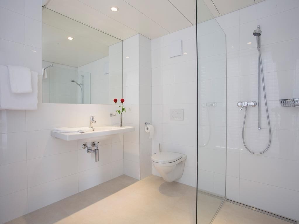 Shower, hair dryer, heated floors, towels